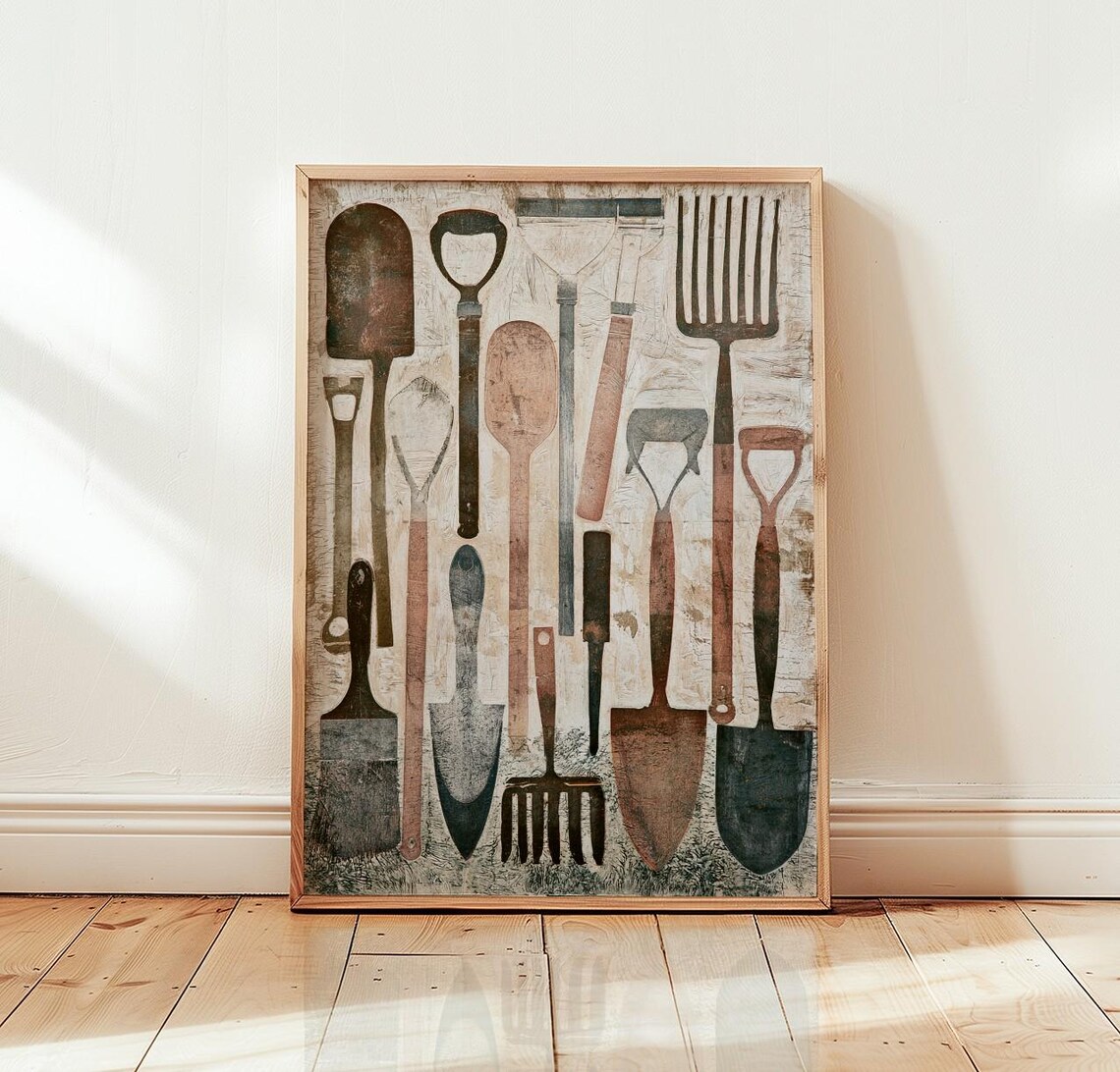 Vintage Garden Tool Poster, Rustic Farming Artwork