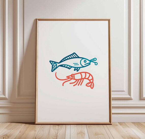 Seafood Wall Art Fish And Prawn Poster Minimalist Kitchen Print Nautical Line Coastal Decor Red Blue Illustration