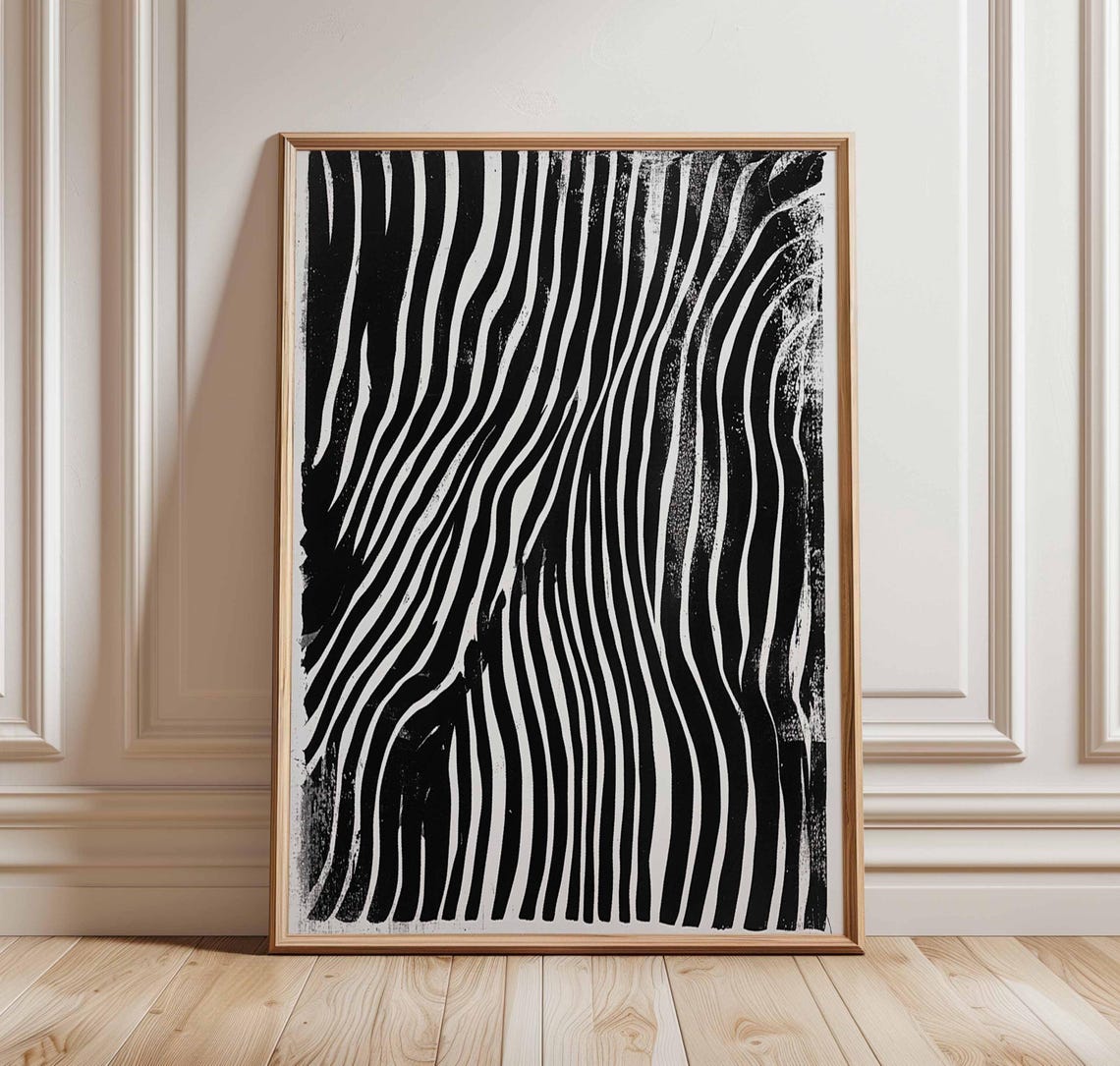 Black White Wavy Stripes Abstract Brushstroke Minimal Art Poster