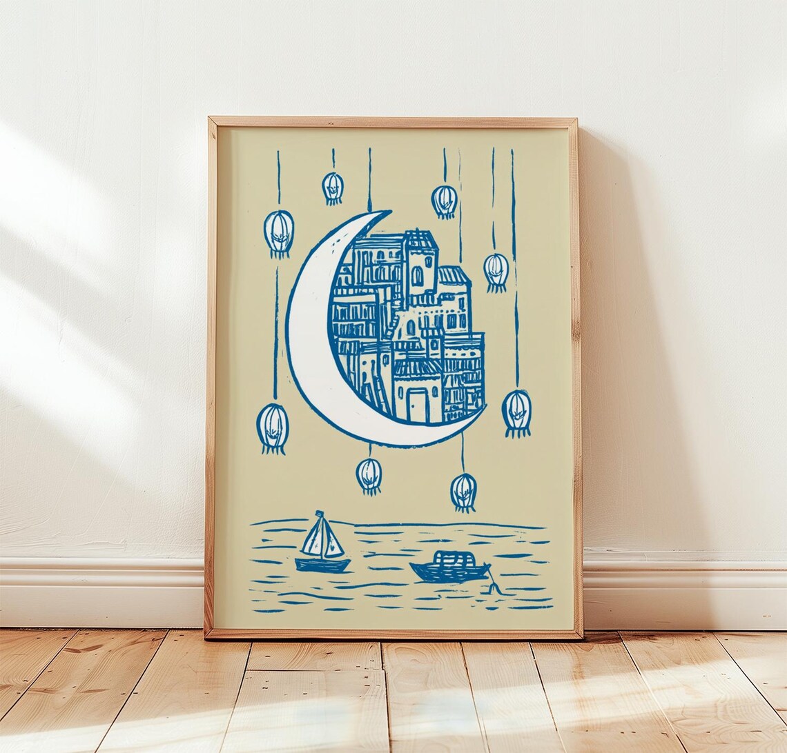 Crescent Moon Coastal Line Art Poster