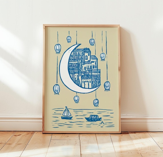 Crescent Moon Coastal Line Art Poster