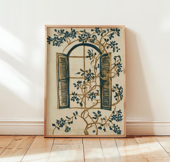 Blue Rose Window Print Beige Botanical Wall Art Woodblock Poster