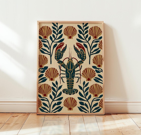Navy Lobster Scallop Shell Nautical Folk Art Kitchen Decor Poster