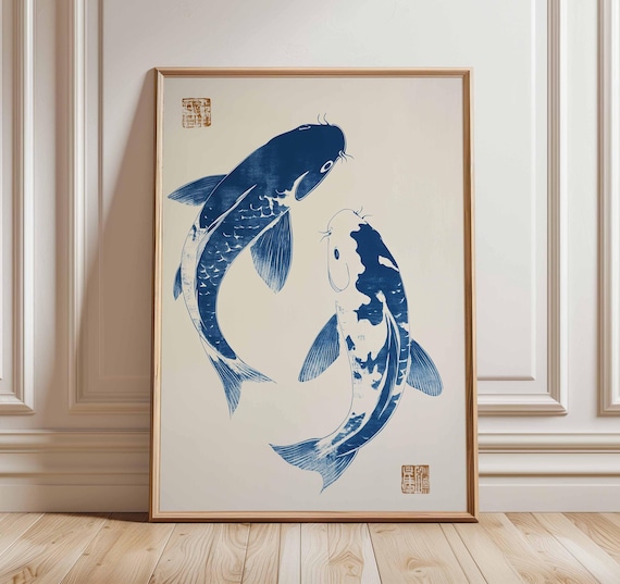 Koi Fish Poster Print, Japanese Zen Minimalist Decor