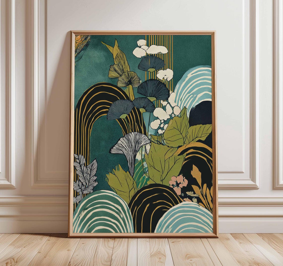 Japanese Floral Wave Gold Line Botanical Oriental Nature Zen Art Poster