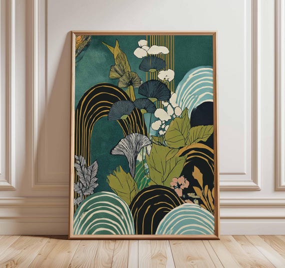 Japanese Floral Wave Poster Gold Line Botanical Wall Art Elegant Oriental Nature Print Modern Zen Garden Decor Unframed Artwork