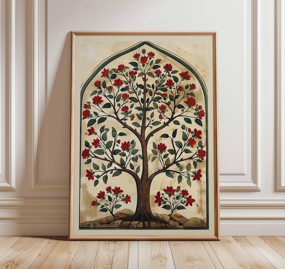 Tree Of Life Red Flowering Vintage Botanical Arch Painting Poster