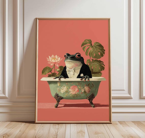 Frog In Bathtub Poster Whimsical Vintage Animal Print Quirky Wall Art Surreal Retro Home Decor Funny Dressed