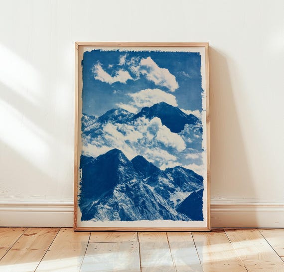 Cyanotype Mountain Print Blue Landscape Poster Botanical Photography Wall Art