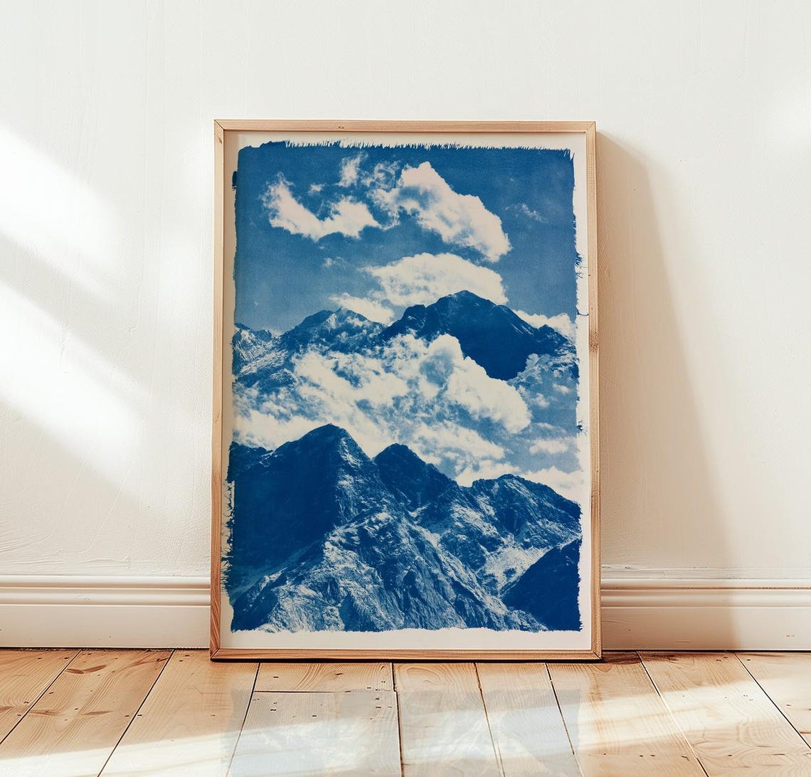 Cyanotype Mountain Print Blue Landscape Poster Botanical Photography Wall Art