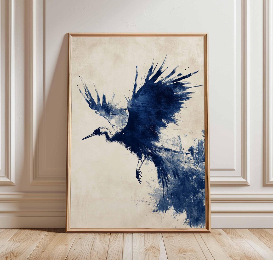 Soaring Crane Blue Ink Wash Flying Bird Abstract Nature Art Poster