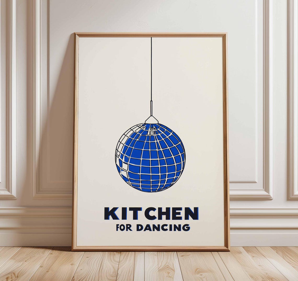 Retro Cobalt Blue Disco Ball Kitchen For Dancing Typography Poster