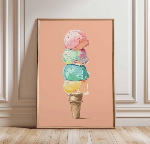 Colorful Ice Cream Cone Poster Pastel Gelato Wall Art Print Summer Dessert Illustration Playful Kitchen Or Cafe Decor
