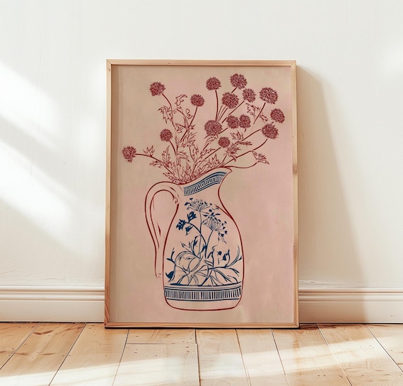 Blue Floral Pitcher With Rust Mums Vintage Blush Botanical Poster