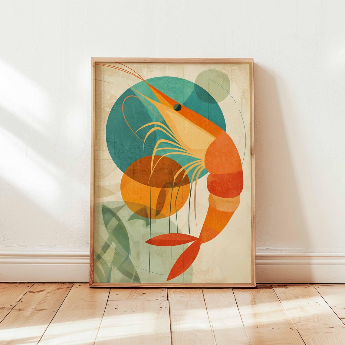 Mid Century Shrimp Abstract Geometric Orange Coastal Art Poster