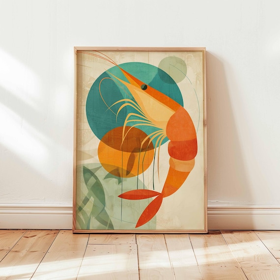 Mid Century Shrimp Abstract Geometric Orange Coastal Art Poster