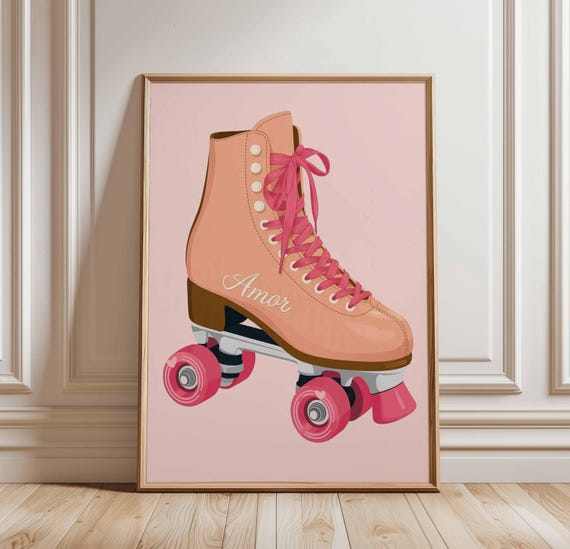 Amor Roller Skate Poster Retro Pink Pop Art Print Vintage Skater Girl Wall 80s Room Decor Cute Teen