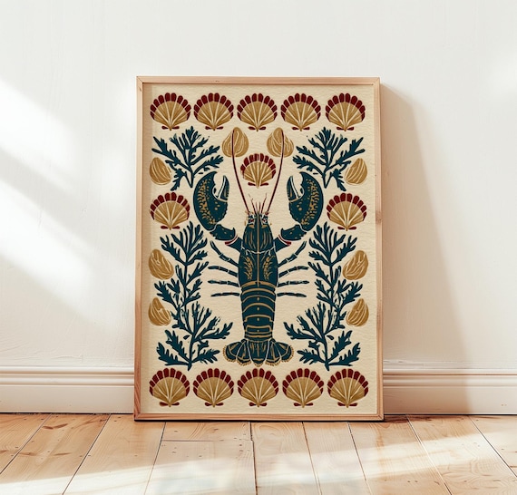 Navy Blue Lobster Folk Art Seashell Seaweed Coastal Decor Poster