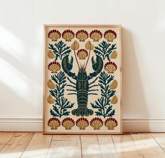 Navy Lobster Print Terracotta Coastal Wall Art Folk Poster