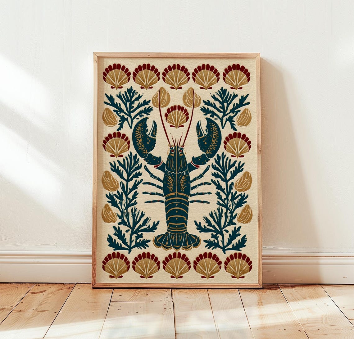 Navy Blue Lobster Folk Art Seashell Seaweed Coastal Decor Poster