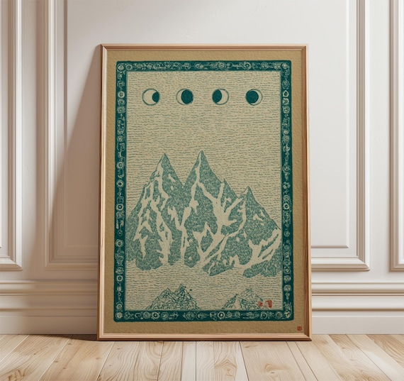 Mountain Poster Vintage Line Art Print Moon Phase Wall Green Landscape Artwork