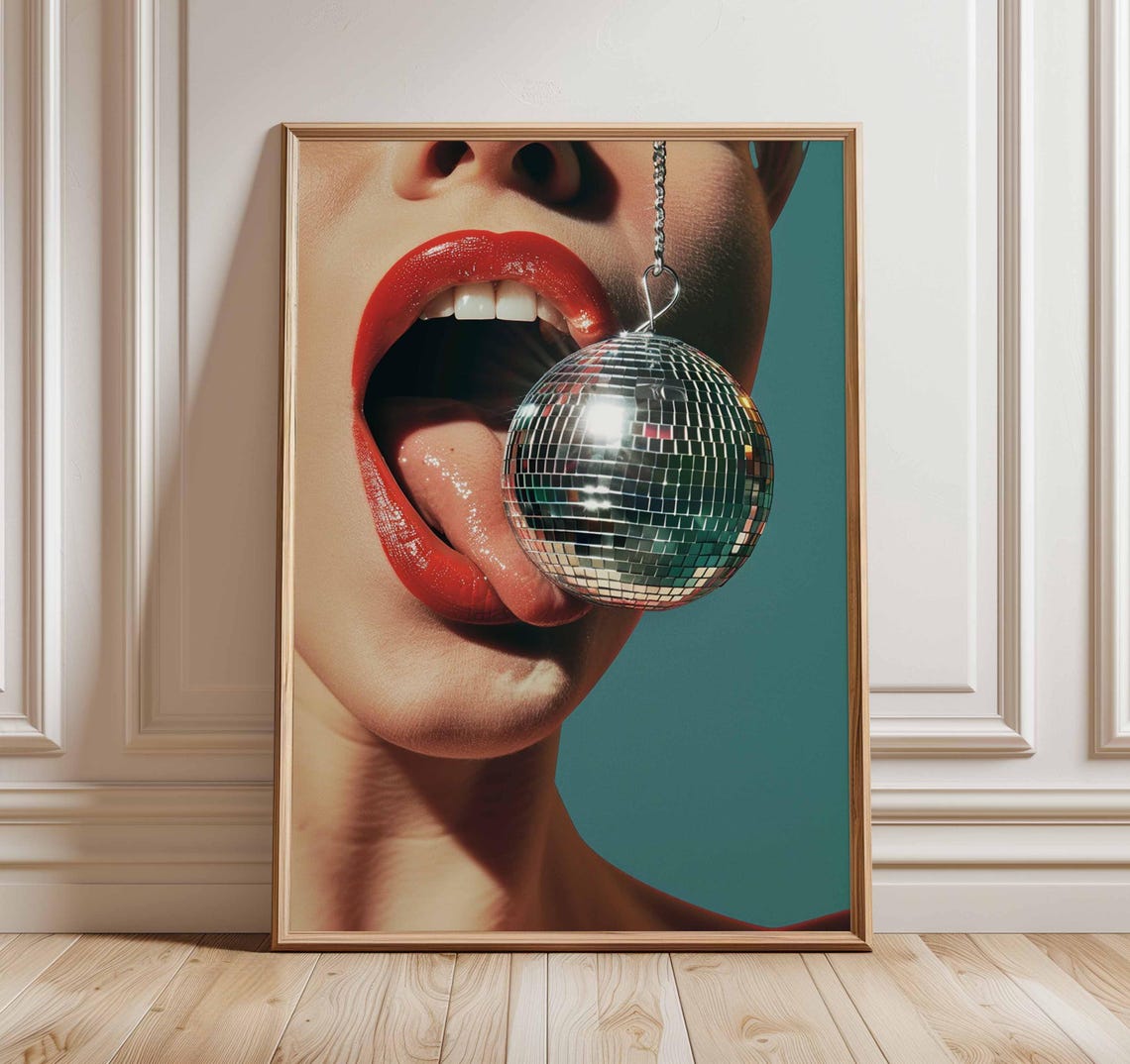 Retro Pop Art Red Lips Disco Ball Bold Glam Party Poster Decor