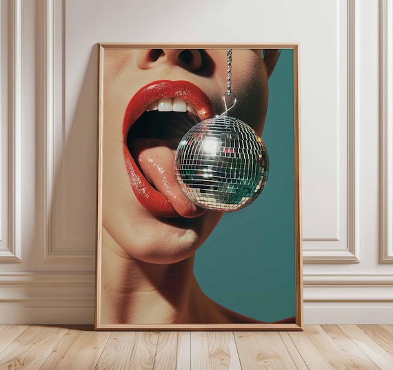 Disco Ball Poster Retro Pop Art Wall Print Sexy Lips Artwork Bold Modern Decor Funky Club Party Illustration Glam 80s