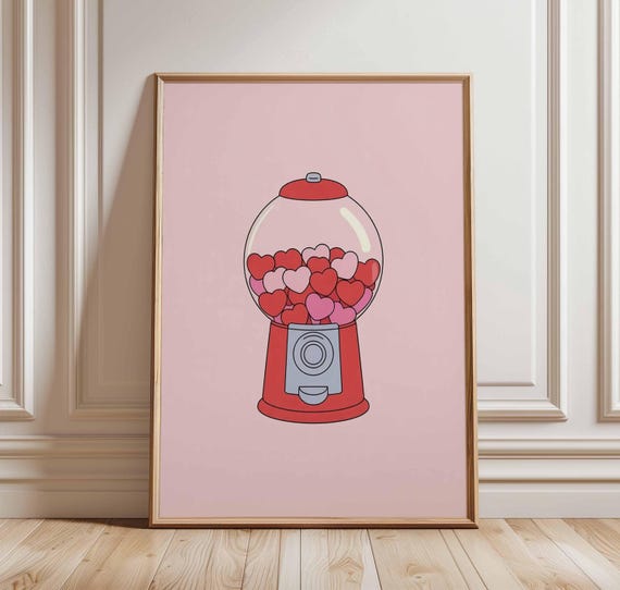 Heart Gumball Machine Poster Pink Retro Candy Print Cute Love Wall Art Valentines Day Decor Pop Style Illustration