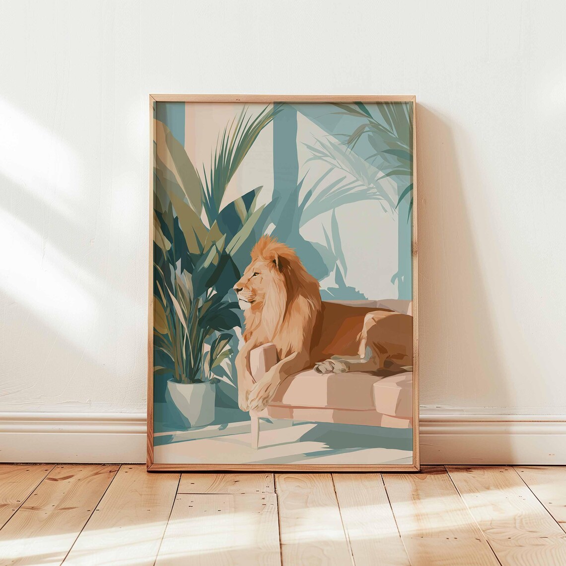 Lion Lounging On Sofa Tropical Palm Minimalist Safari Art Poster