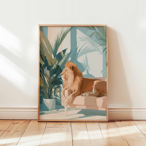 Lion On Sofa Wall Art Modern Jungle Animal Poster Minimal Tropical Decor Relaxed Safari Style Print Neutral Boho Wildlife Unframed