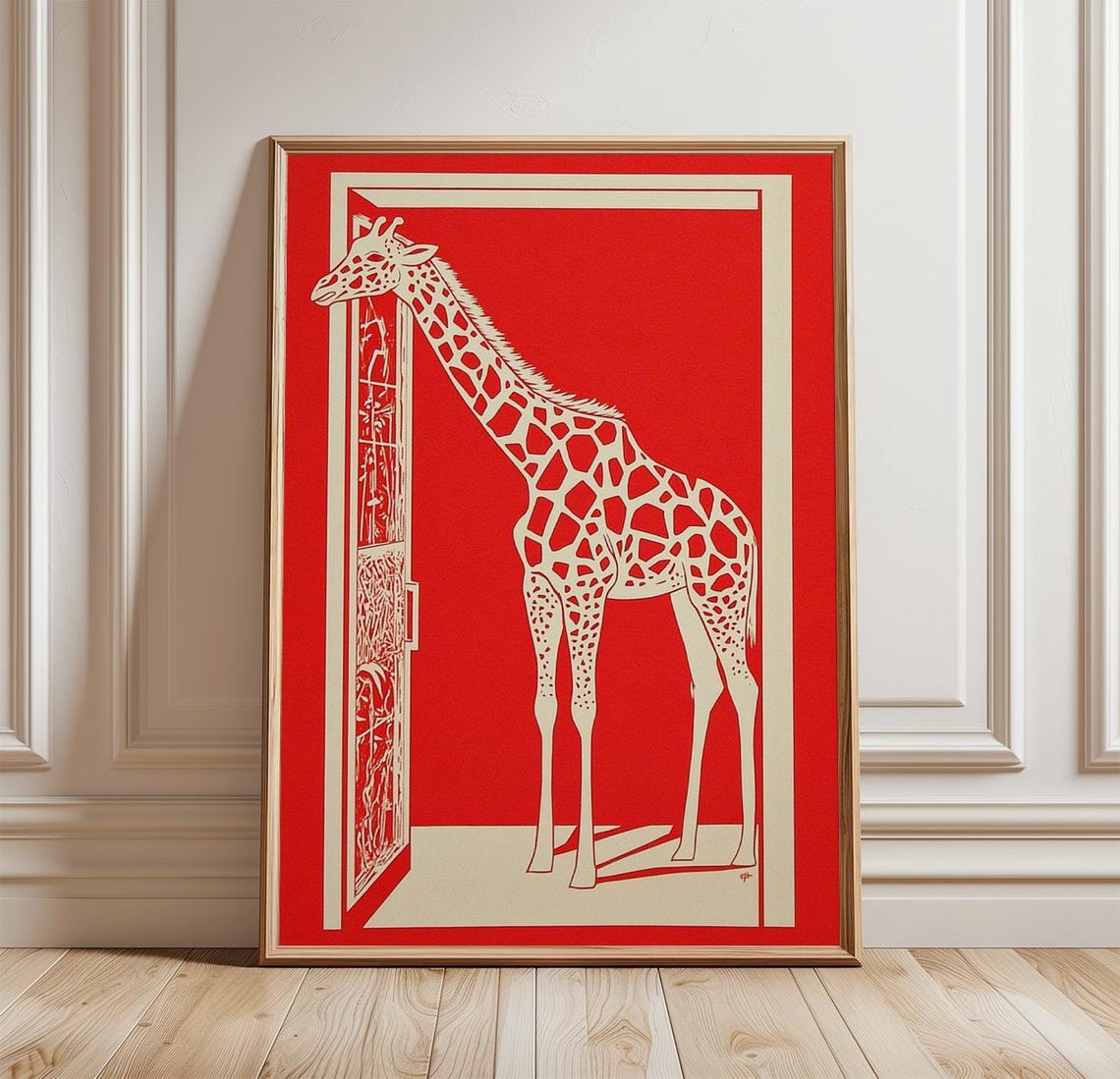 Red Giraffe Minimal Paper Cut Safari Animal Modern Statement Print