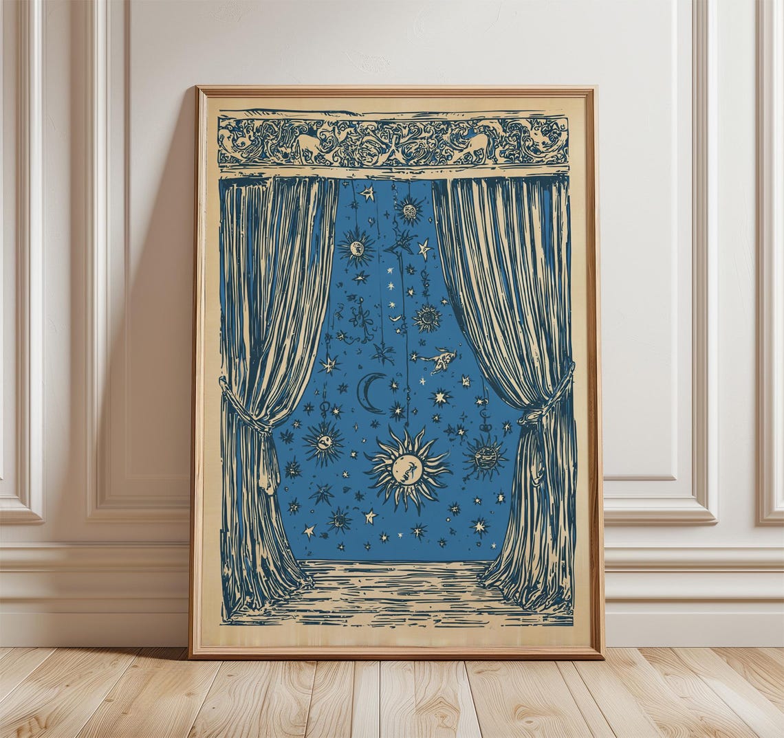 Celestial Curtain Wall Art Print Moon And Stars Illustration Poster Vintage Mystical Sky Artwork