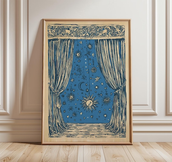 Celestial Curtain Wall Art Print Moon And Stars Illustration Poster Vintage Mystical Sky Artwork