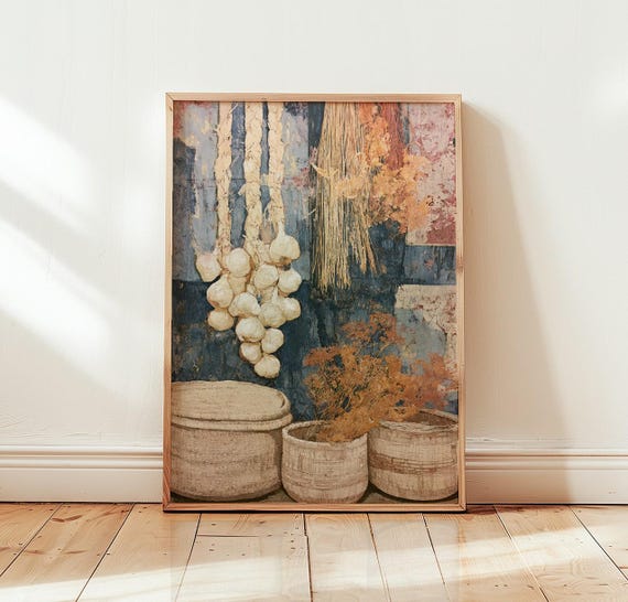 Rustic Garlic And Baskets Wall Print Vintage Botanical Kitchen Decor Art
