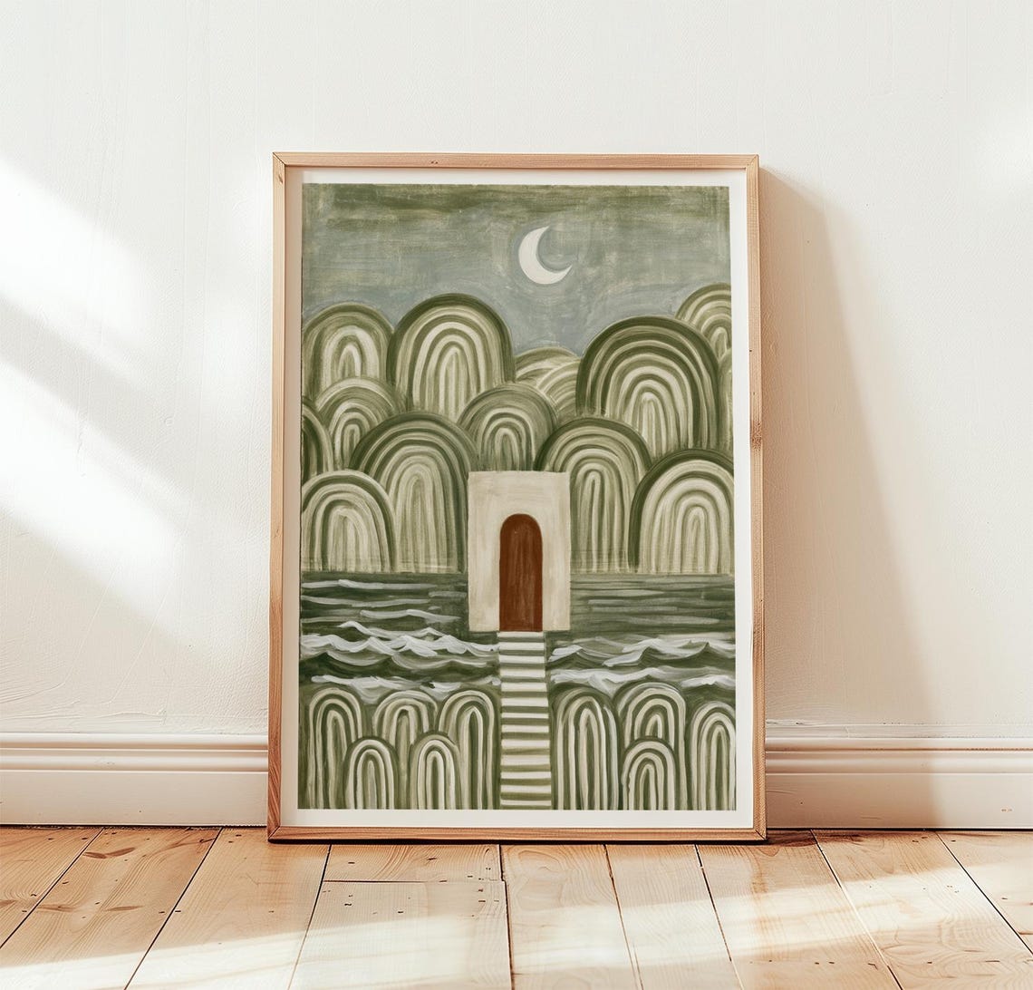 Green Moon Arches Coastal Door Minimal Abstract Art Wall Poster
