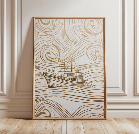 Fishing Boat Coastal Line Art, Minimal Nautical