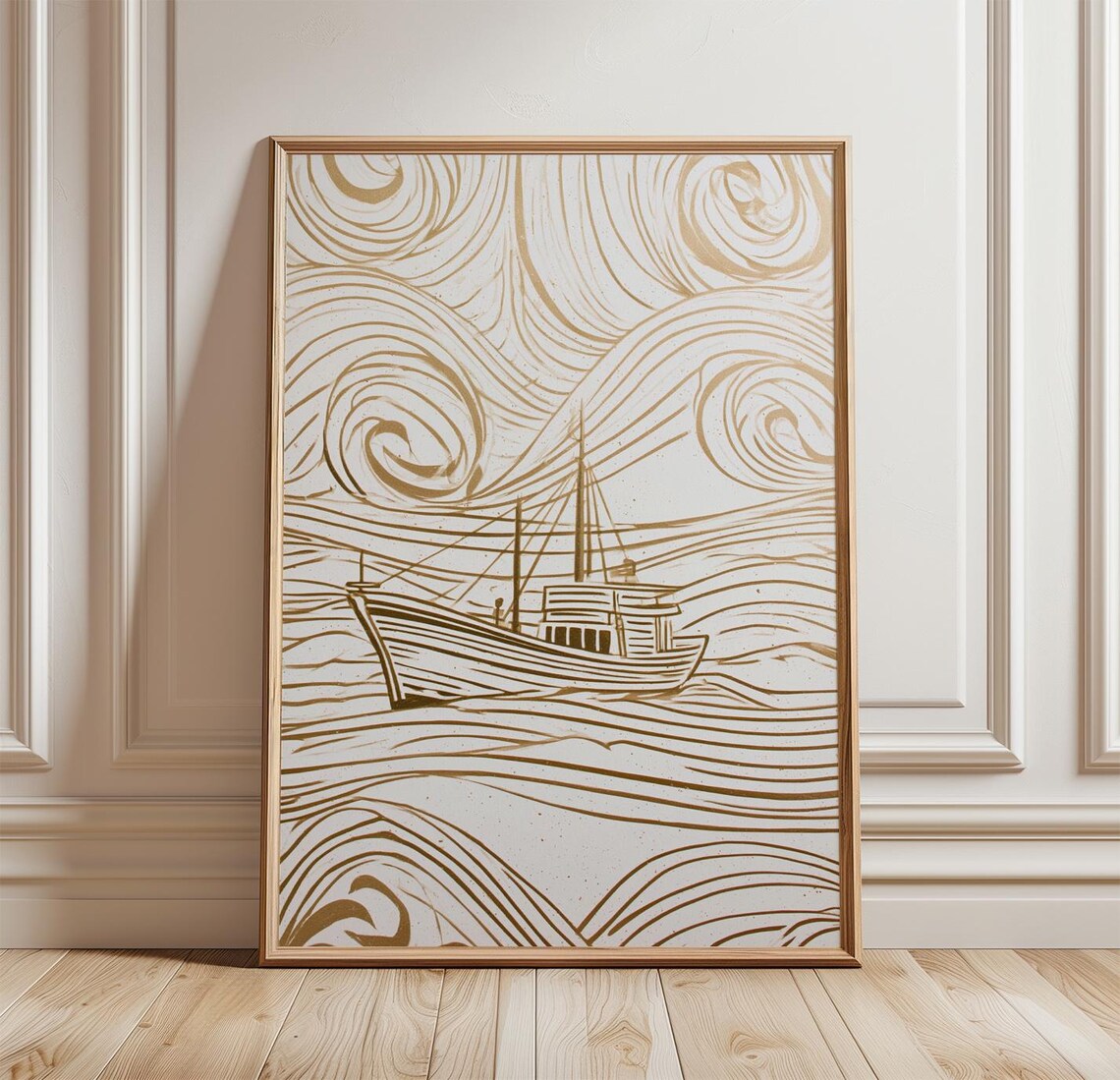Fishing Boat Coastal Line Art, Minimal Nautical