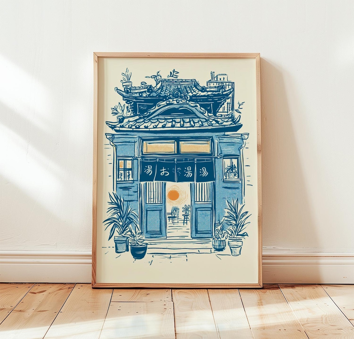Japanese Bathhouse Blue Line Art Poster