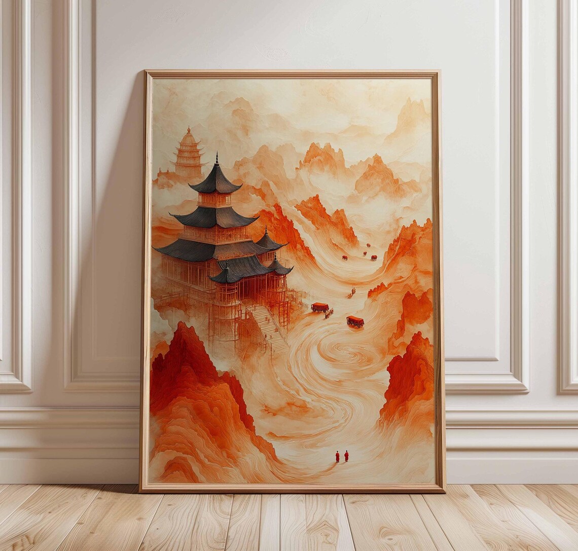Crimson Chinese Mountain Pagoda Landscape Ink Painting Poster