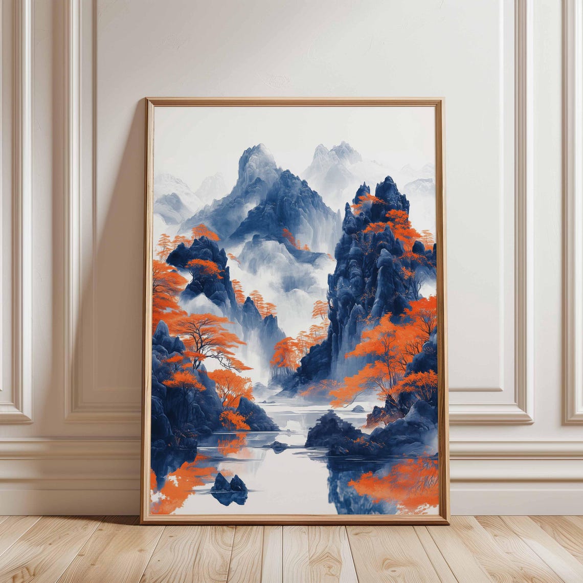 Misty Mountains Orange Autumn Trees Ink Wash Blue Asian Art Poster