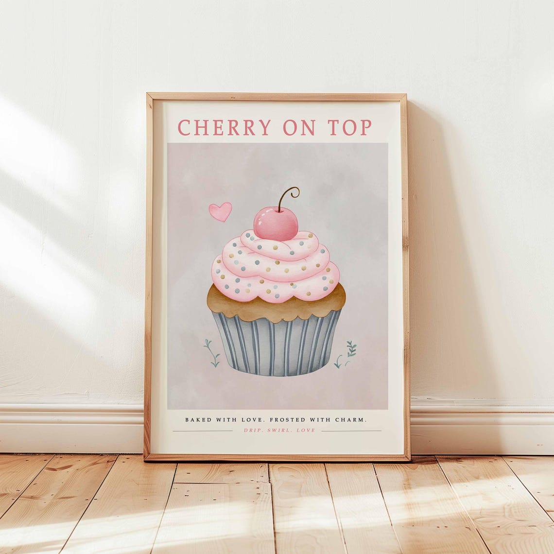Cupcake Wall Art Cherry On Top Print Cute Bakery Kitchen Poster Pastel Dessert Illustration Unframed Sweet Decor