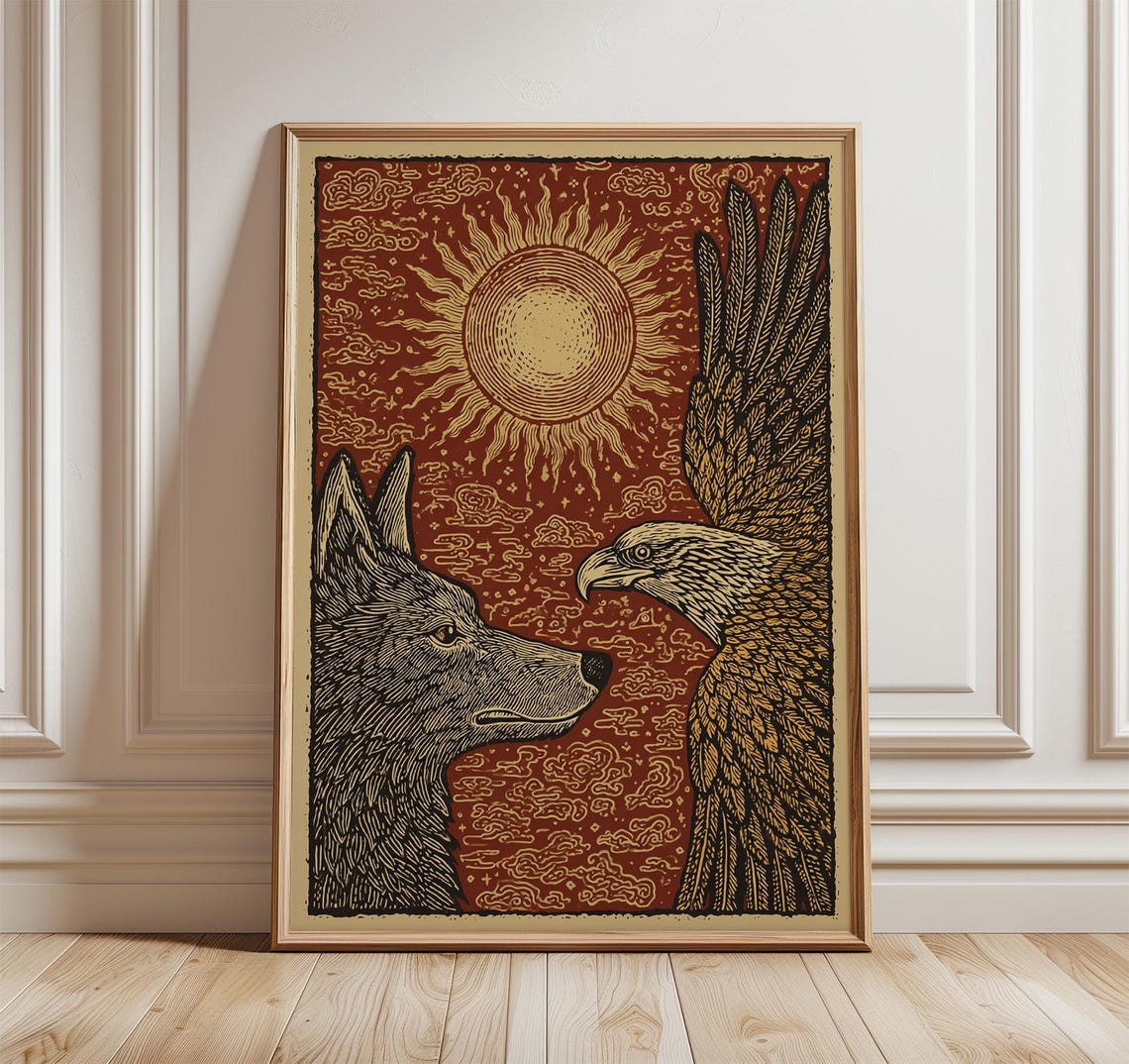 Wolf And Eagle Facing Wild Sun Rustic Boho Folk Block Art Poster