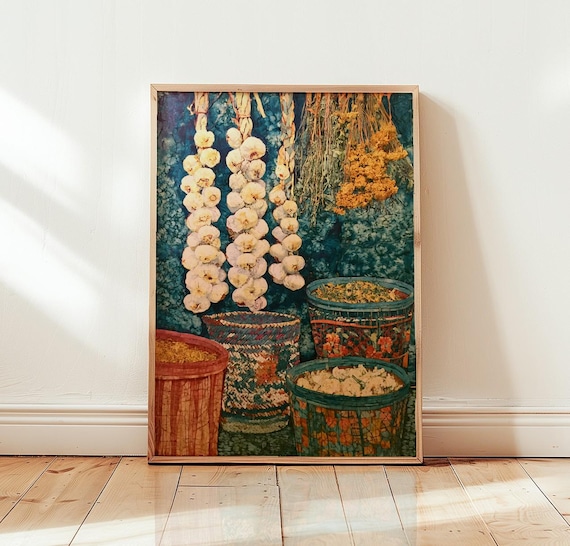Hanging Garlic Braid, Rustic Kitchen Herbs Art Print