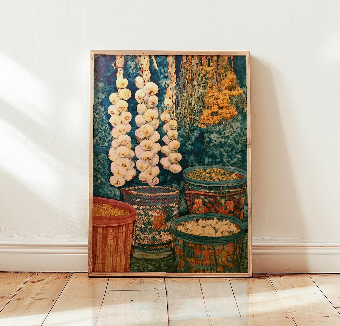 Hanging Garlic Braid, Rustic Kitchen Herbs Art Print