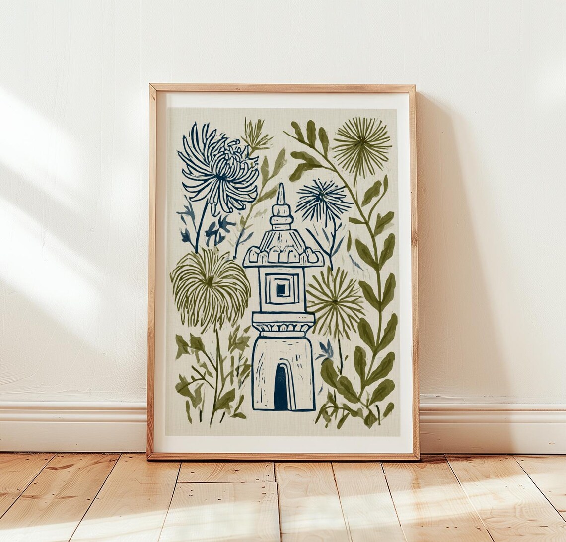 Blue Chrysanthemum, Green Floral Poster