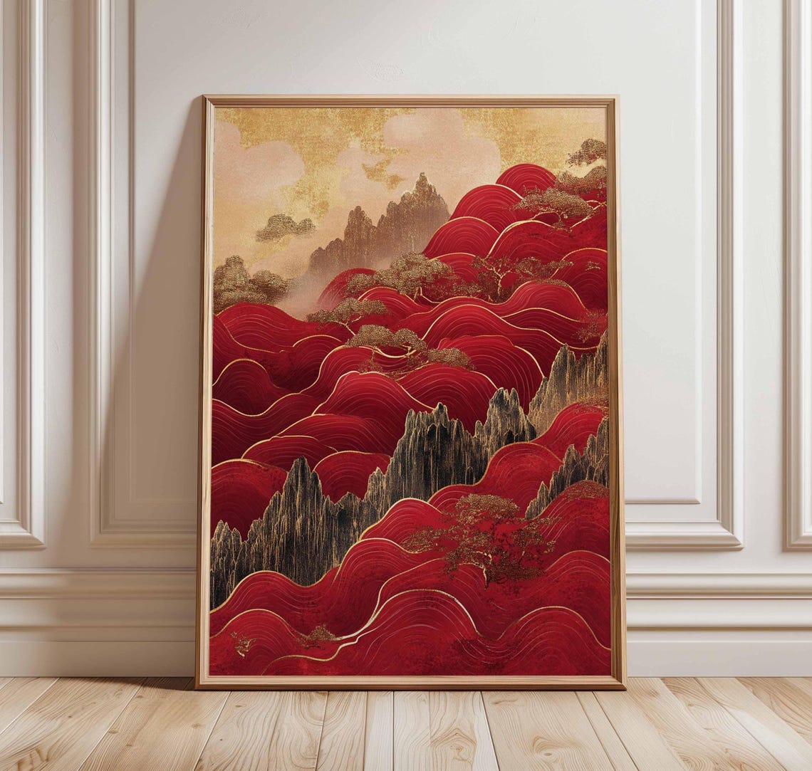 Red And Gold Chinese Mountains With Golden Wave Peaks Poster