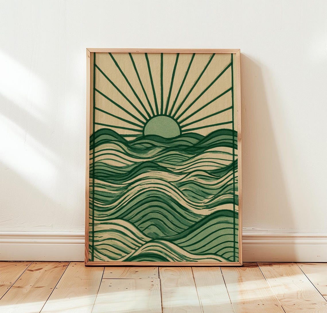 Green Sun Setting Over Rolling Waves Vintage Line Art Coastal Poster