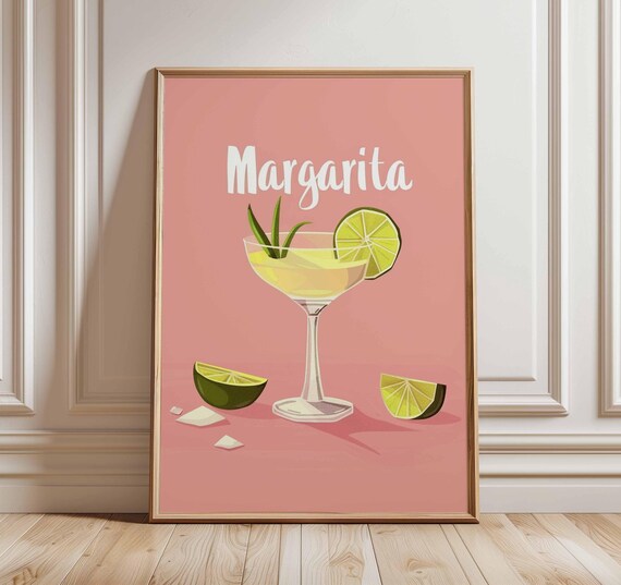Margarita Cocktail Poster Coral Pink Background Lime Wedges Bar Decor
