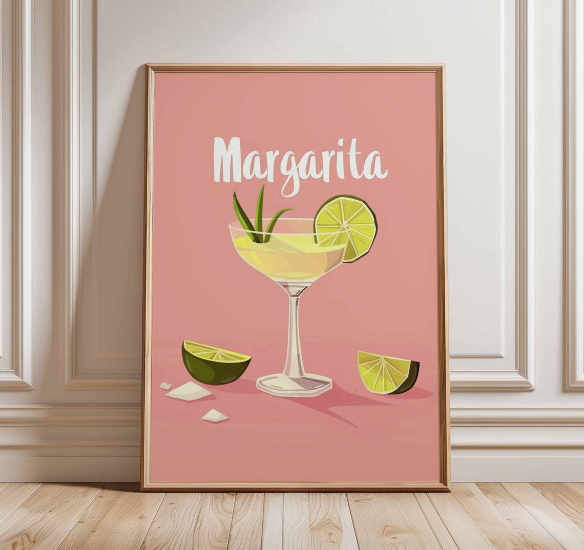 Margarita Cocktail Poster Coral Pink Background Lime Wedges Bar Decor