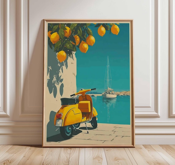 Yellow Scooter Amalfi Coast Lemon Sea Retro Travel Art Poster